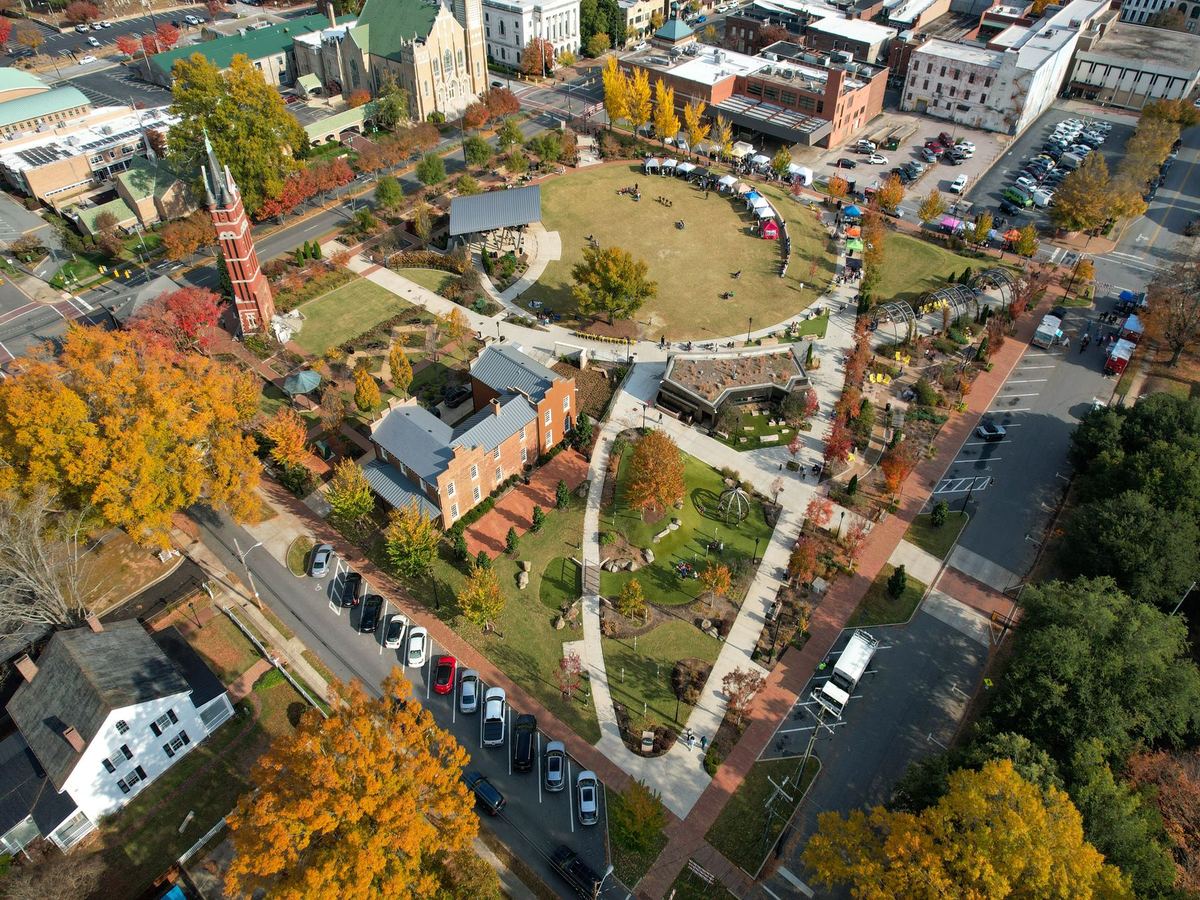 Aerial view of Downtown Cary Park in autumn