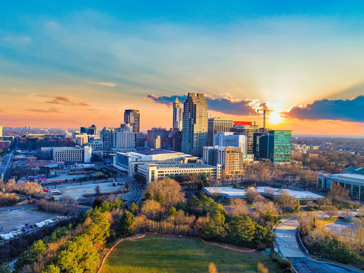 Downtown Raleigh skyline at sunset